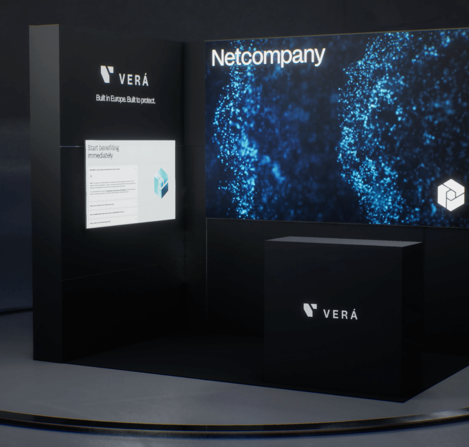 Visualisering af messeoplevelse for Netcompany / Vera med skærme, grafik og demo-område